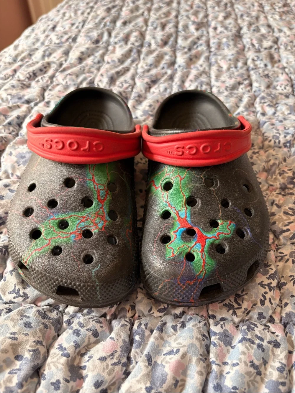 CROCS Kids Black Clog with Red Strap and Green Marbled Accents